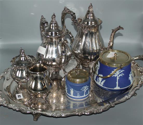 Plated tea set & 2 Wedgwood Jasper items